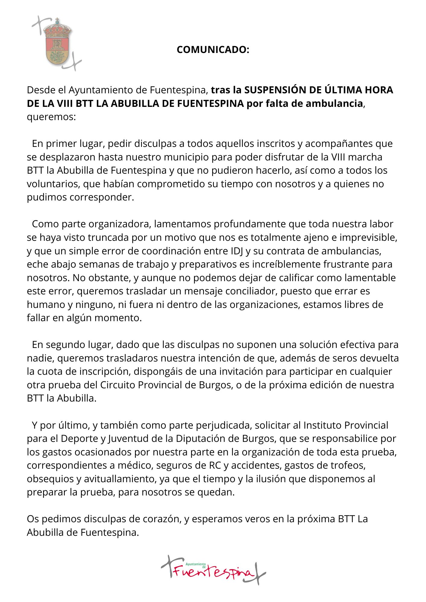 comunicado tras la suspension de la VIII BTT la Abubilla por falta de ambulancia